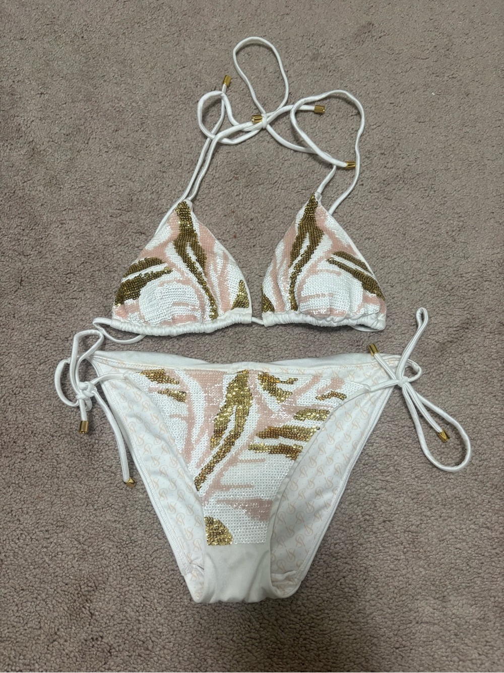 Victoria Secret Sequin Triangle Tie Bikini in White, Blush & Gold